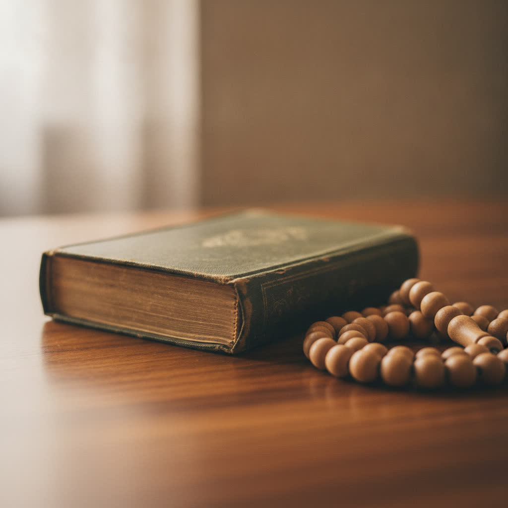 Petit livre relié posé sur une table en bois avec un chapelet